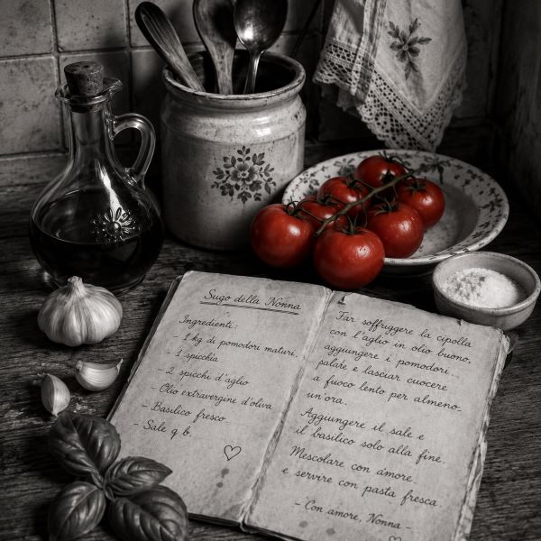 Un ricettario di famiglia aperto accanto a pomodori, aglio, basilico e utensili da cucina.