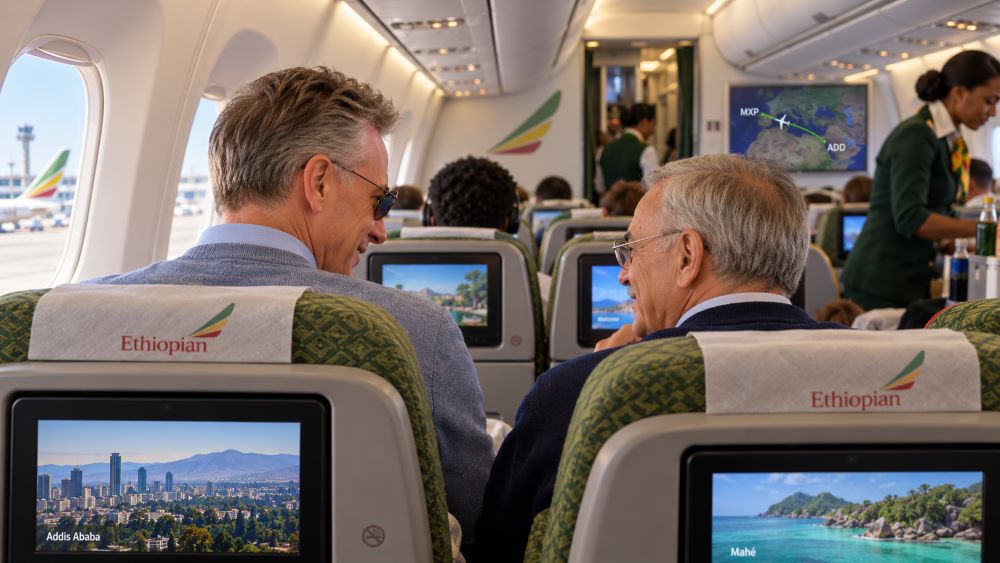 Carlo e Giacomo di spalle seduti in economy class a bordo del volo da Milano Malpensa verso Addis Abeba, prima della partenza per Mahé nelle Seychelles.