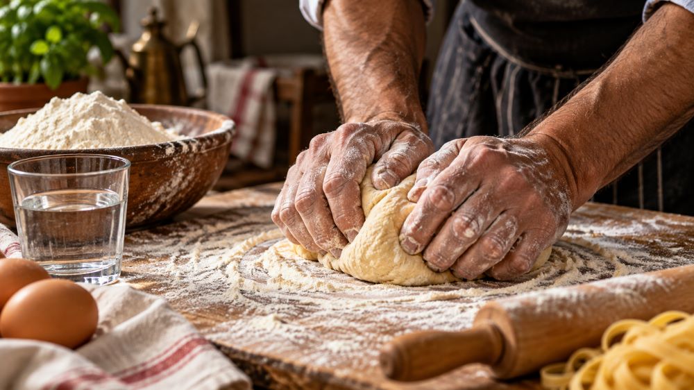 Mani che lavorano un impasto di acqua e farina per preparare la pasta