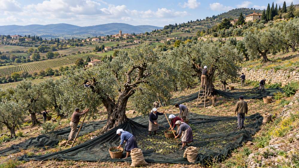 Persone al lavoro per la raccolte delle olive in Sicilia